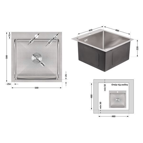 Мийка для кухні інтегрована Lidz Handmade H5050 (LDH5050BRU35375) Brushed Steel 3,0/1,0 мм LDH5050BRU35375 фото